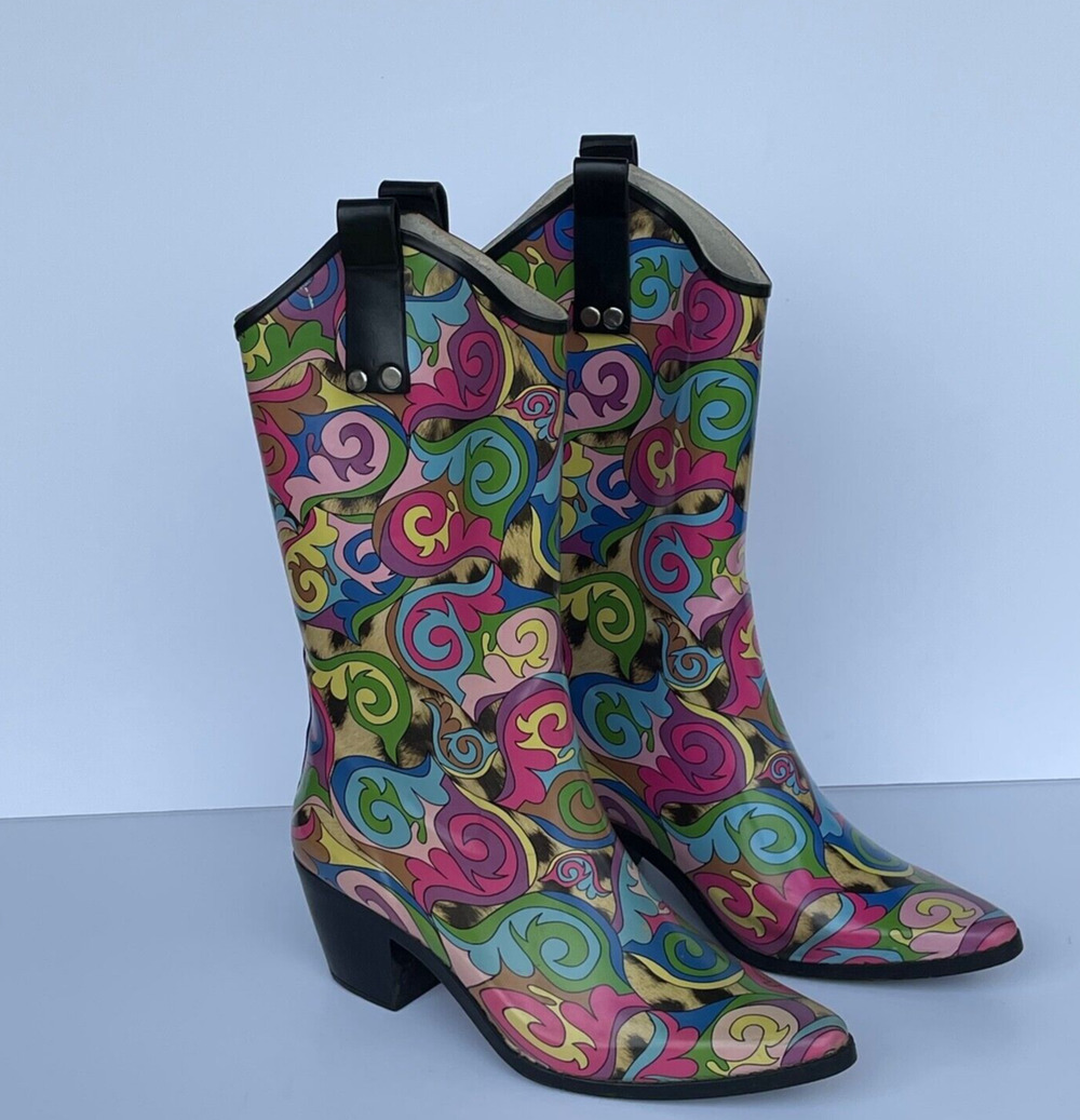 Smoky Cowgirl Rubber Rain Boots Size 5 USA / EUR 36 Pink Purple Green Yellow